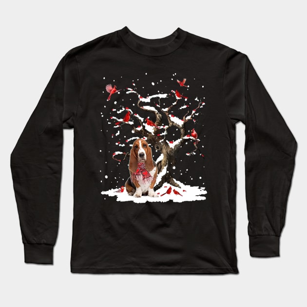 Basset Hound Scarf Cardinal Snow Christmas Long Sleeve T-Shirt by Benko Clarence